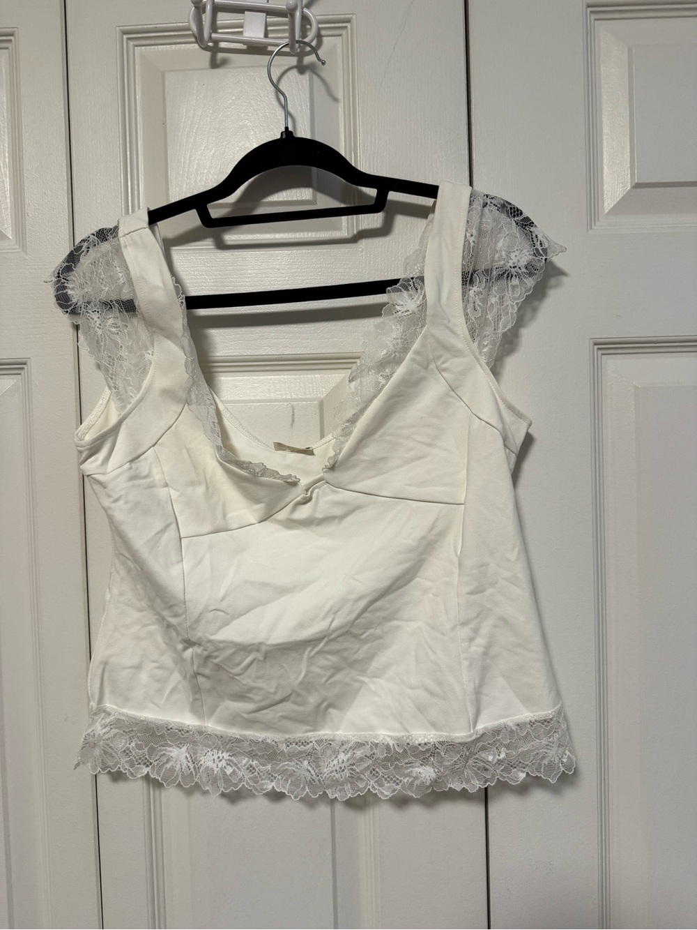 Free People White Lace Trim Short Sleeve Top